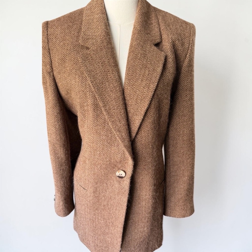 Vintage Harlan NY Wool Tweed Blazer Brown Herringbone Tailored Size 12